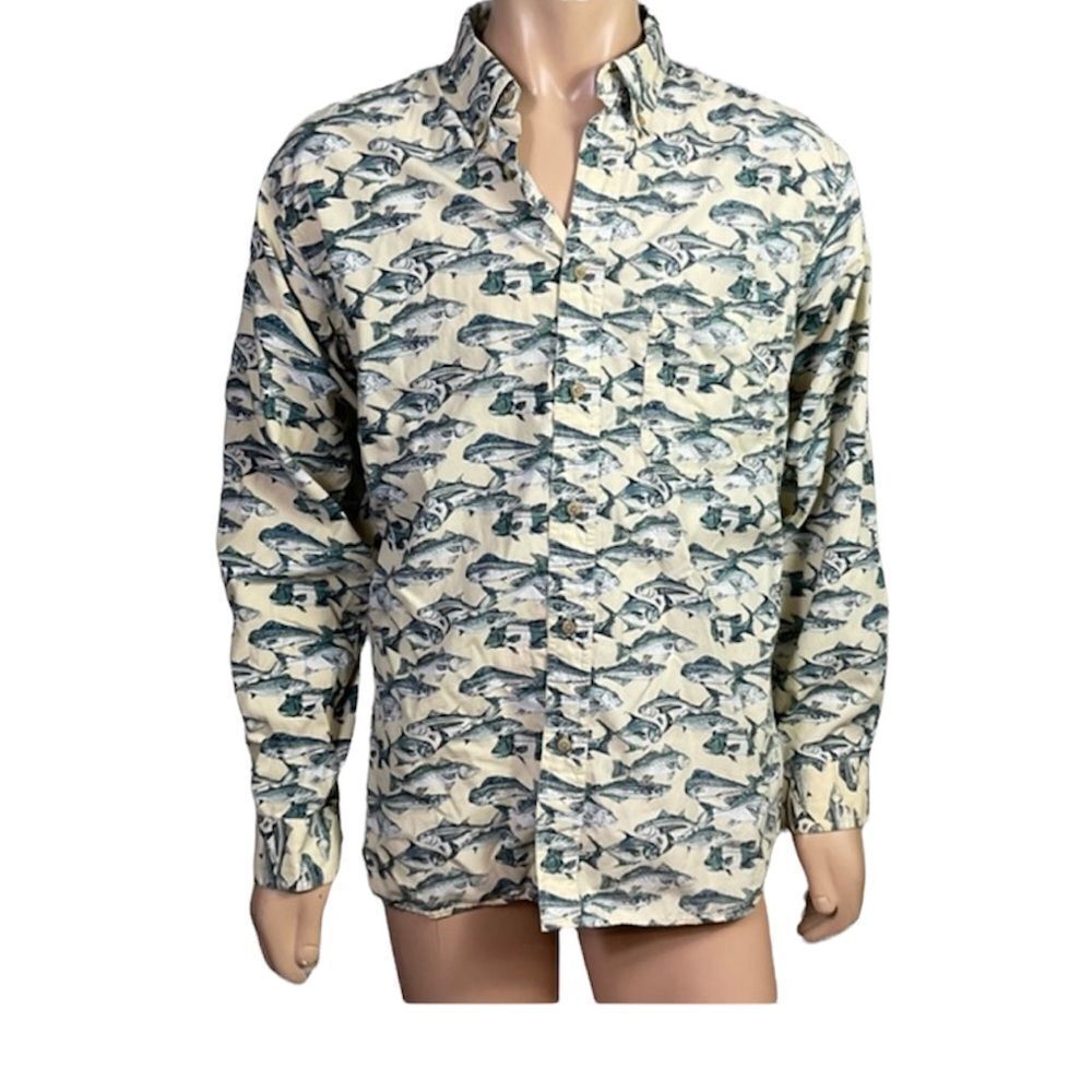World Wide Sportsman Retro Yellow Fish Print Button Front Fishing Shirt L